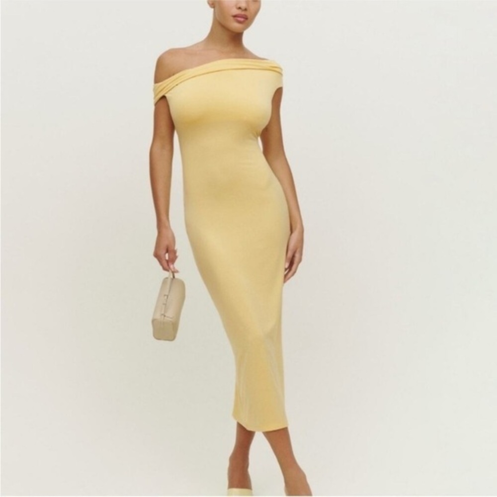 Reformation Jamen butter yellow asymmetrical shoulder midi knit dress XS